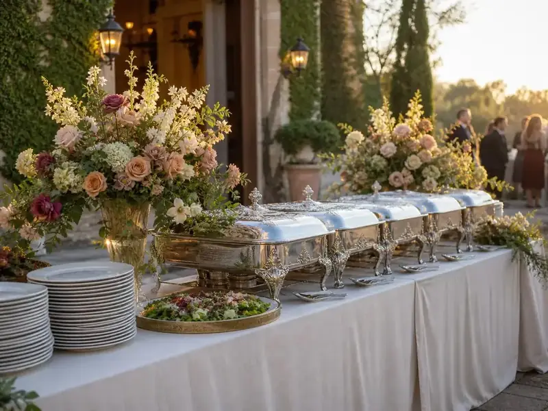 Marin Catering Company outdoor dining setup combining lush florals, classic serveware, white linens, and sunset hospitality.